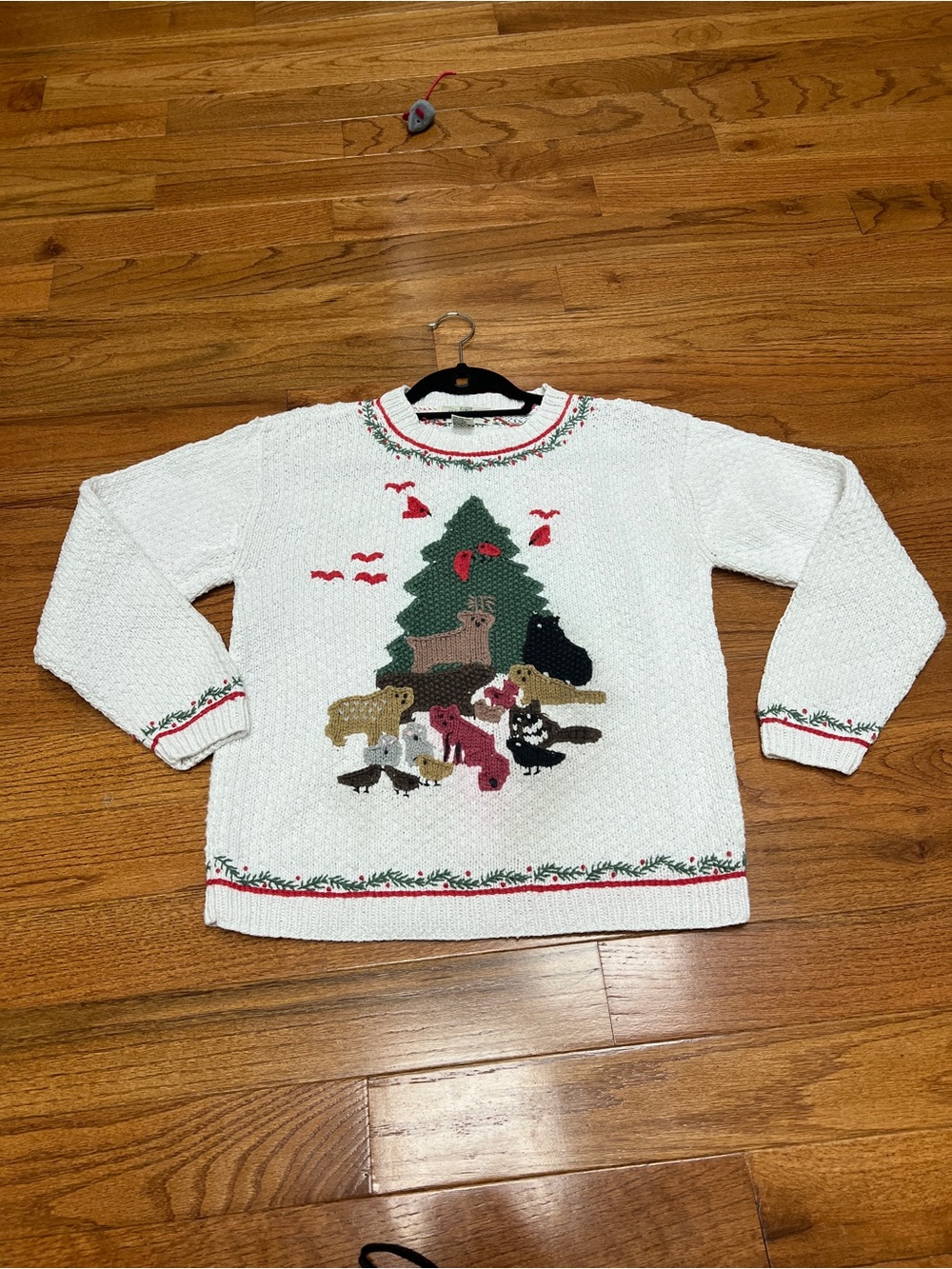 Classic White Holiday Sweater with Tree & Animal Motif Orvis 100% cotton